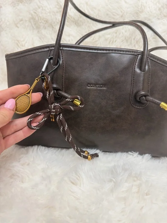 Chocolate Brown Leather Tote with Tassel Charm - Picture 2 of 4
